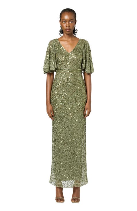 Occasion Embellished Sequin Beaded V Neck With Short Sleeves Evening Dress