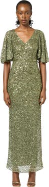 BEAUUT Occasion Embellished Sequin Beaded V Neck With Short Sleeves Evening Dress