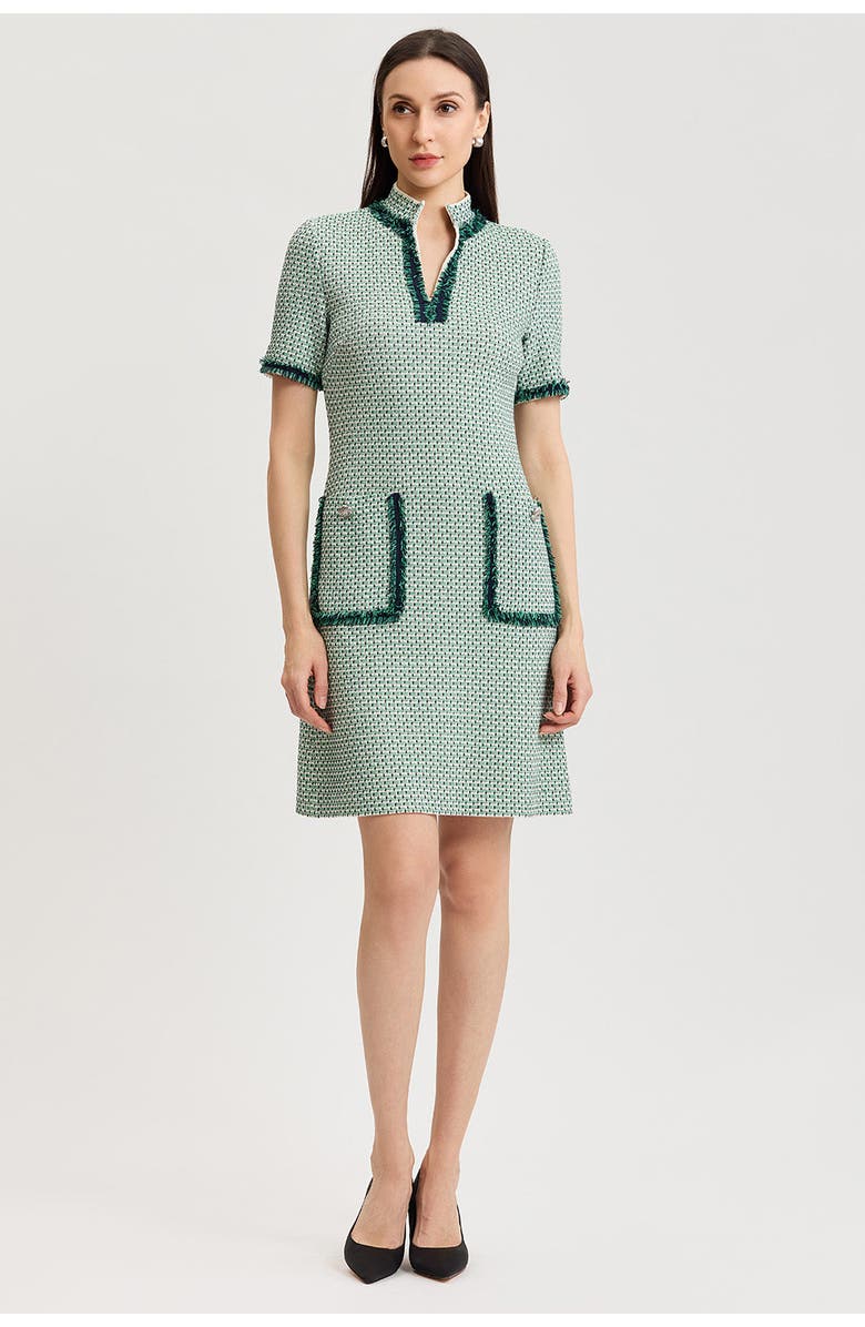 Ming Wang Fringe Trim Jacquard Basketweave Knit Sheath Dress, Main, color, Kelly Green/Indigo/Ivory