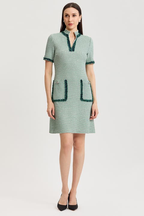 Fringe Trim Jacquard Basketweave Knit Sheath Dress