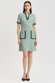 Ming Wang Fringe Trim Jacquard Basketweave Knit Sheath Dress