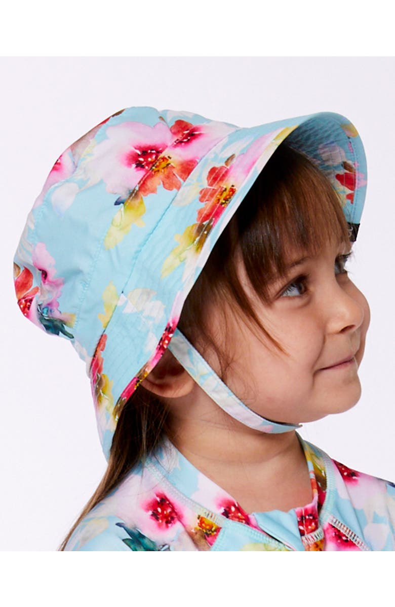 Deux par Deux Little Girl's Printed Beach Sun Hat Turquoise And Pink Flowers, Alternate, color, 