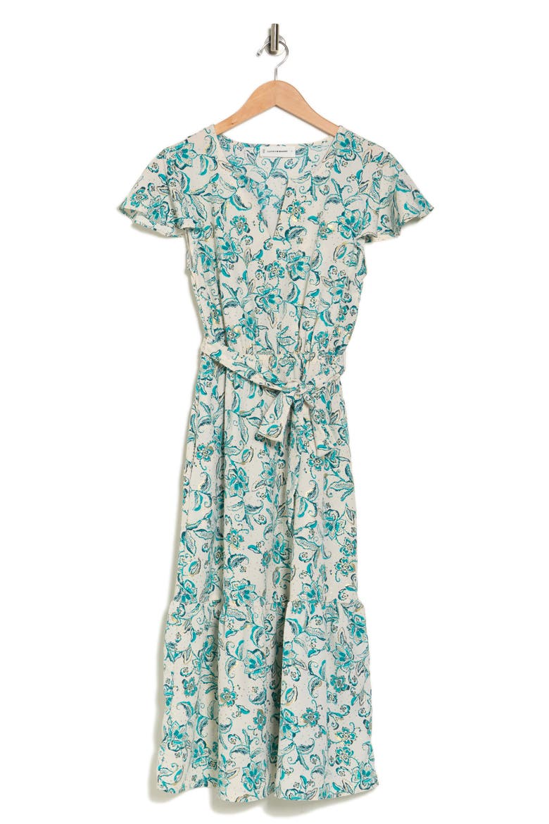 Flutter Sleeve Flounce Waist Tie Dress, Alternate, color, SAND FLORAL