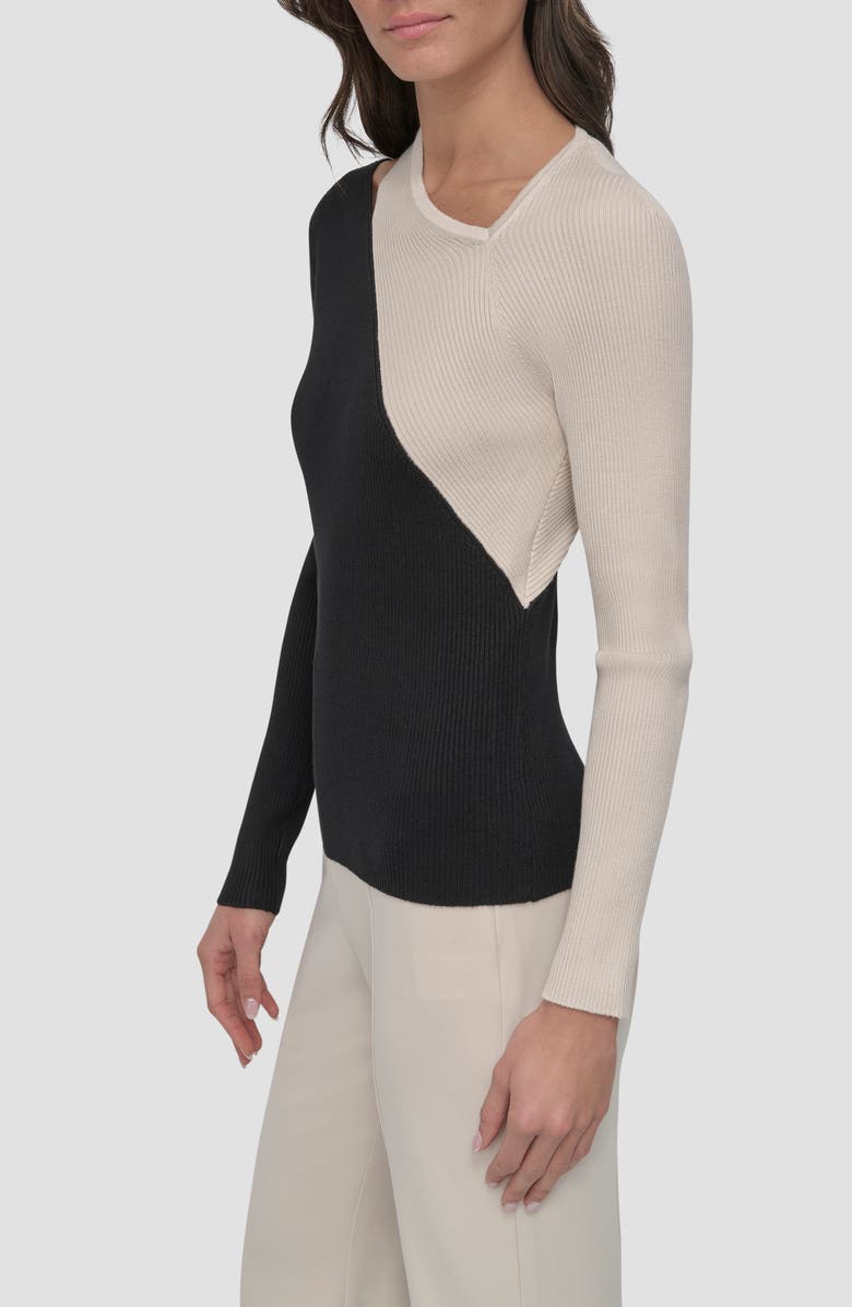 DKNY Colorblock Shoulder Cutout Long Sleeve Sweater, Alternate, color, Black/ Latte City