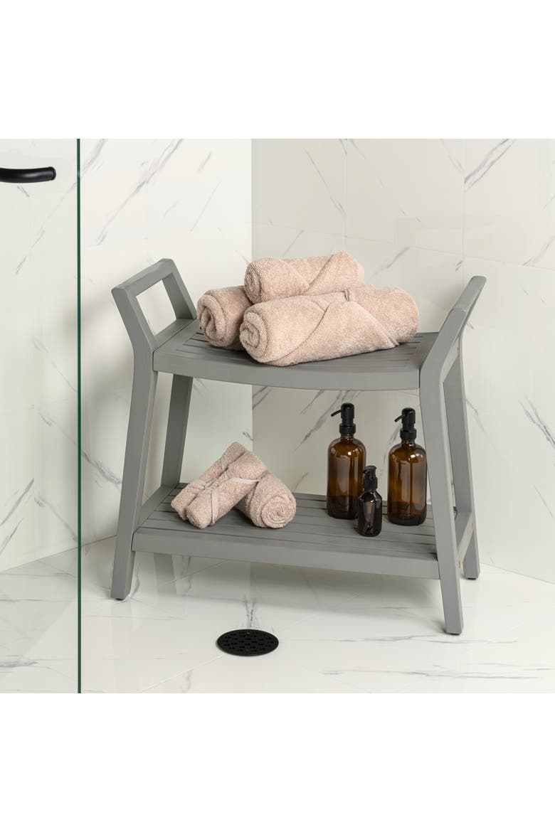 Orla Modern Acacia Wood Shower Bench with 2-Tier Storage Shelf, Spa Bath Stool Seat for Bathroom Indoor/Outdoor, Alternate, color, Gray