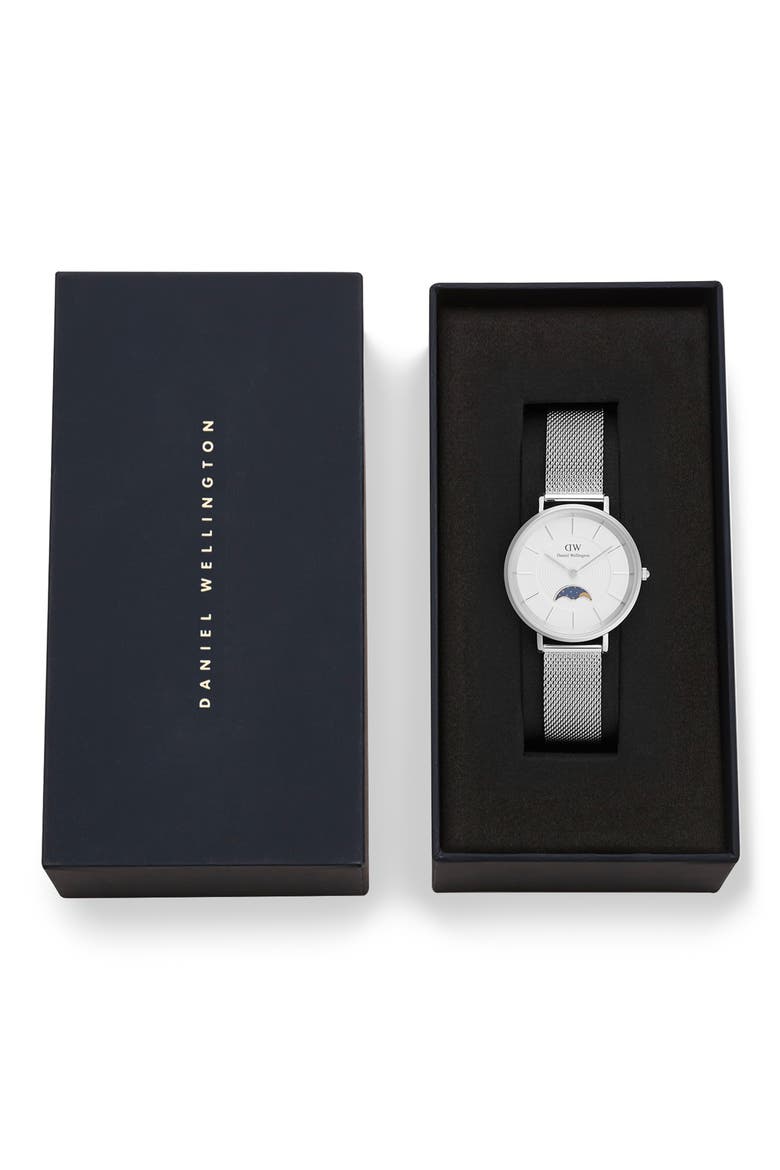 Petite Moonphase Mesh Strap Watch, 32mm, Alternate, color, SILVER