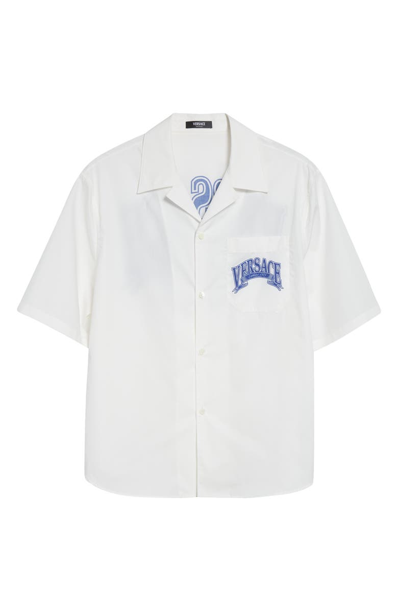 Versace Medusa Logo Cotton Poplin Camp Shirt, Alternate, color, White Print