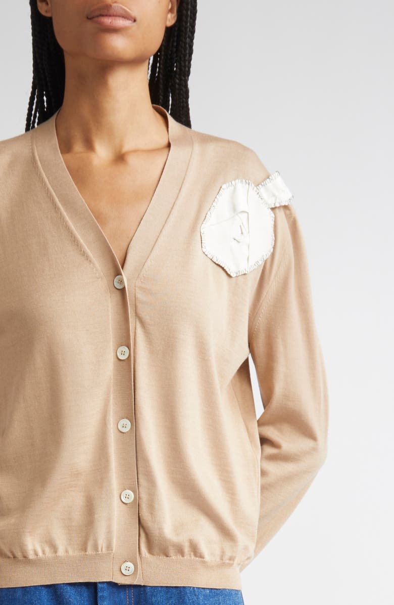 Marni Rose Appliqué Virgin Wool & Silk Cardigan, Alternate, color, 00W32 Moccasin