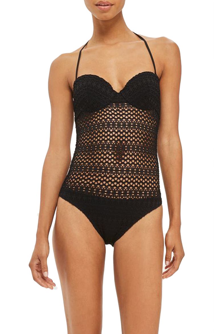 Crochet One-Piece Swimsuit, Main, color, BLACK