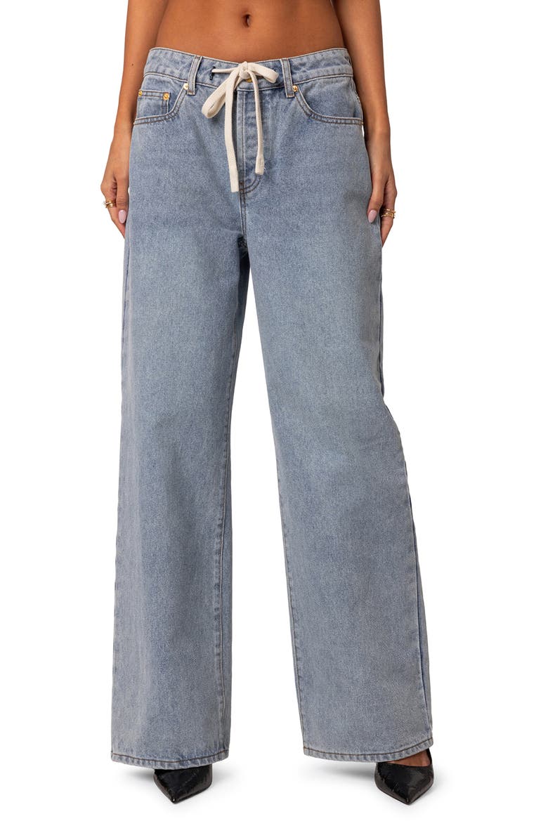 EDIKTED Wynn Low Rise Wide Leg Drawstring Jeans, Main, color, Light-Blue