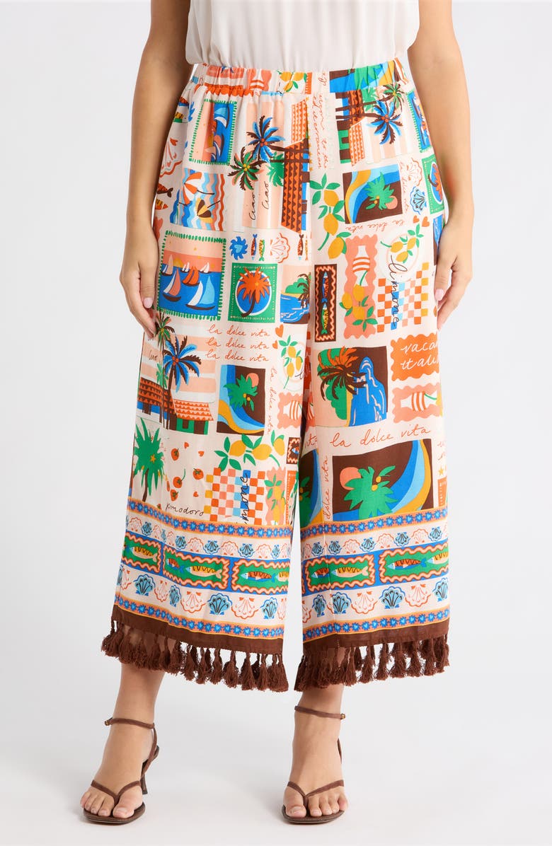 SUGARLIPS Stay Extra Tassel Trim Wide Leg Pants, Main, color, Coral-Multi