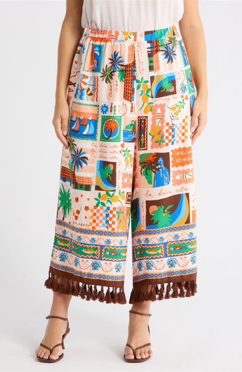 Stay Extra Tassel Trim Wide Leg Pants (Plus)