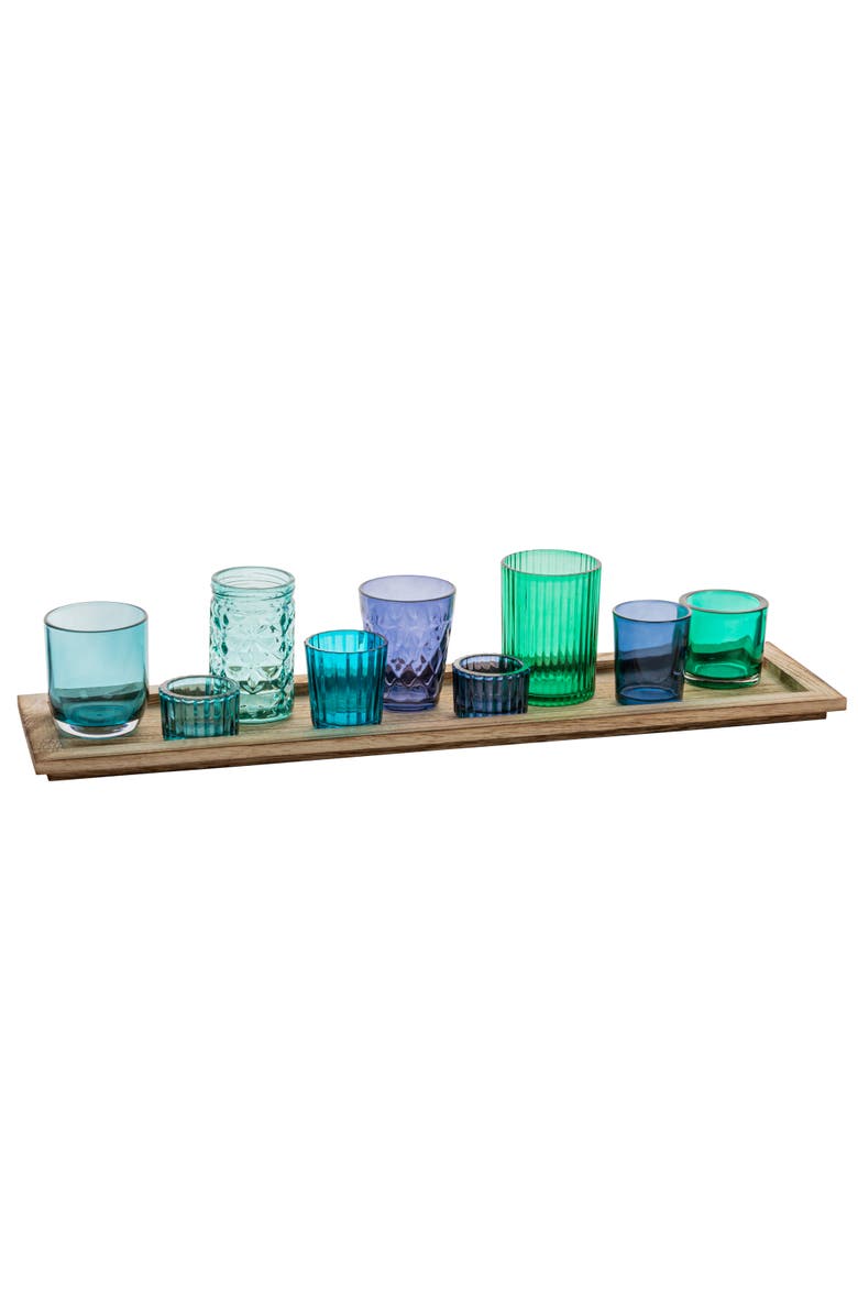 Storied Home Wood Tray with 9 Blue & Green Glass Votive Holders, Main, color, Blue