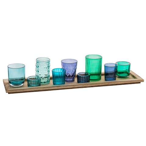Wood Tray with 9 Blue & Green Glass Votive Holders (Set of 10 Pieces)
