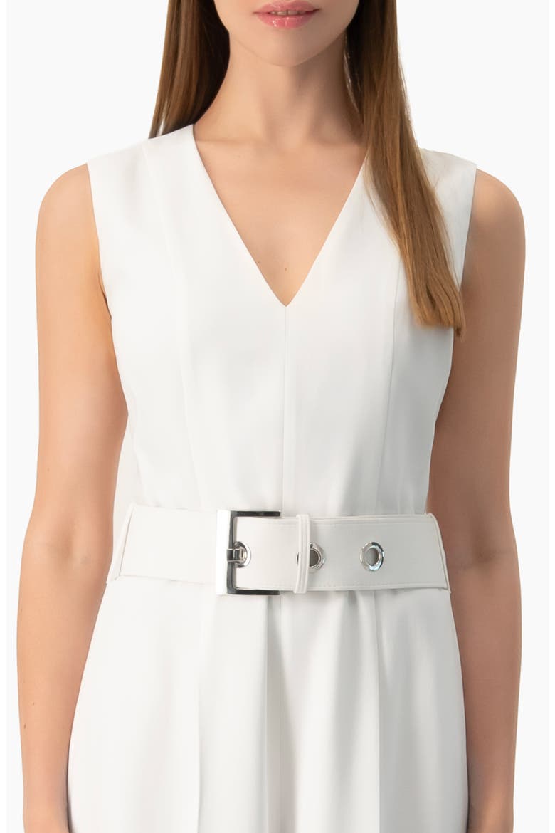 Clean V-Neck Buckle-Belt Wide-Leg Tailored Jumpsuit, Alternate, color, White