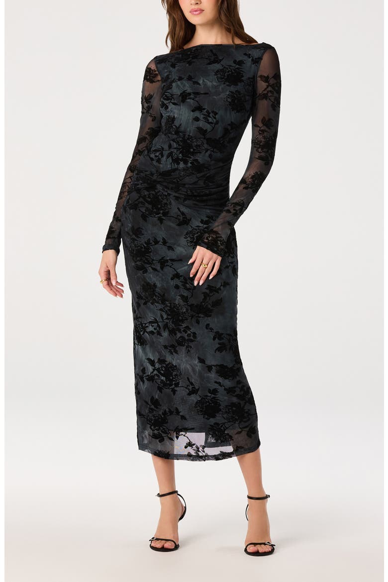 Syriah Floral Mesh Midi Dress, Alternate, color, BLACK BLUE FLORAL