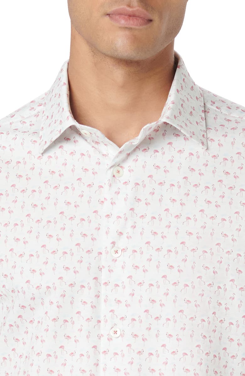 Bugatchi Miles OoohCotton<sup>®</sup> Flamingo Print Short Sleeve Button-Up Shirt, Alternate, color, Chalk