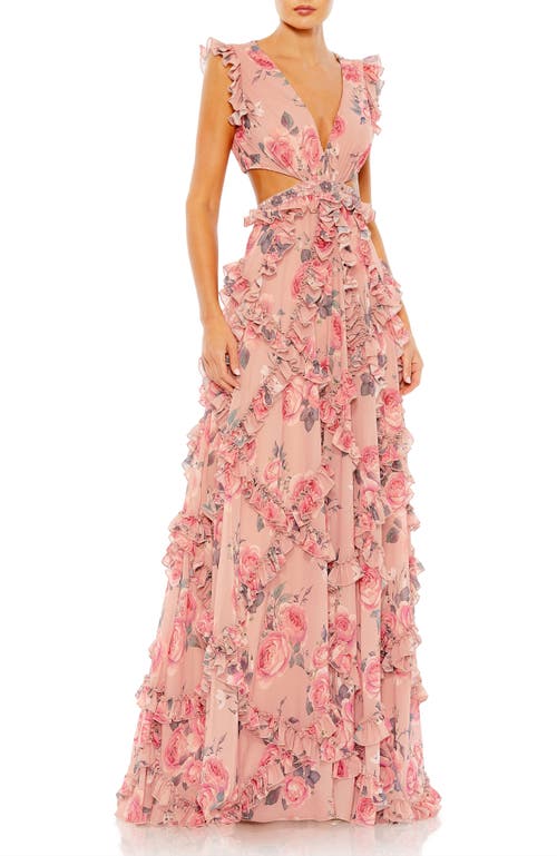 Mac Duggal Floral Ruffle Cutout Detail Chiffon A-line Gown In Rose Multi