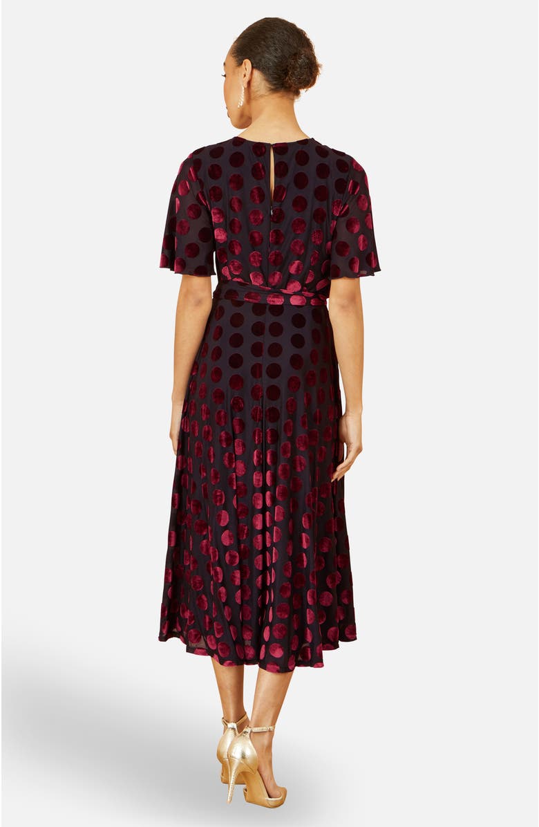 Yumi Velour Spot Midi Skater Dress, Alternate, color, Burgundy