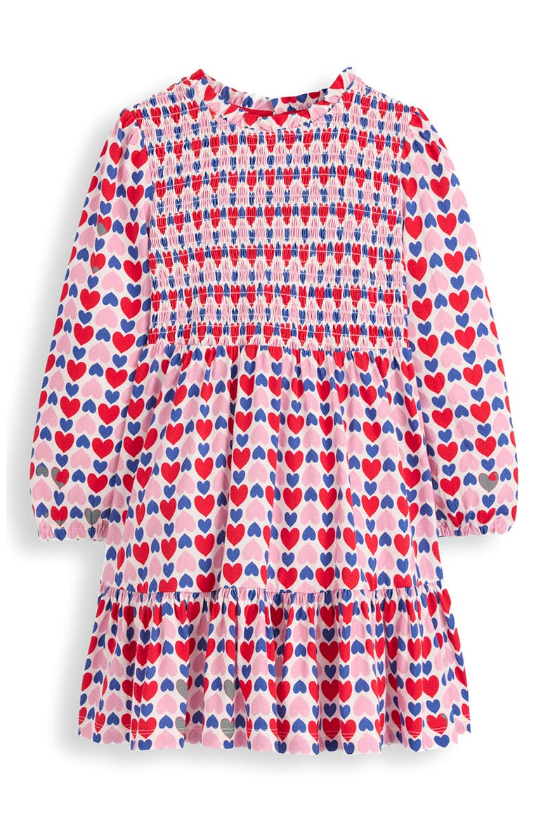 Kids' Heart Print Twirly Smocked Long Sleeve Cotton Dress, Main, color, POPPY RED GEO HEART