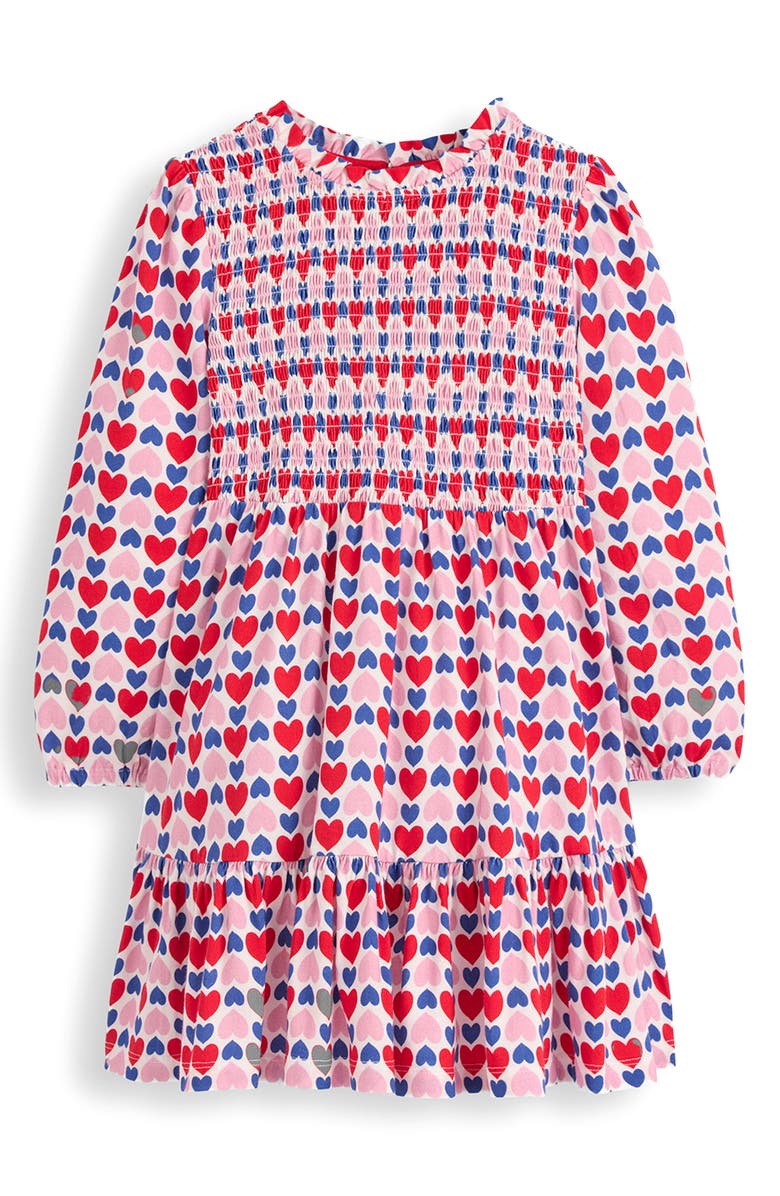 Mini Boden Kids' Heart Print Twirly Smocked Long Sleeve Cotton Dress, Main, color, Poppy Red Geo Heart