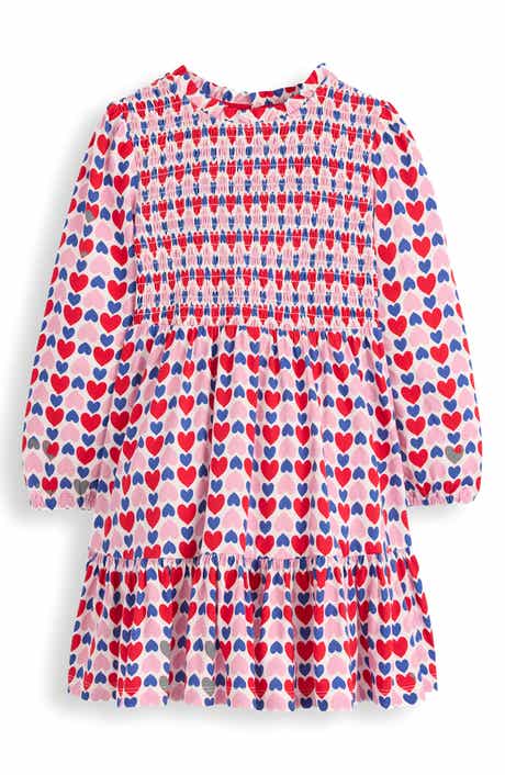 Mini Boden Kids' Heart Print Twirly Smocked Long Sleeve Cotton Dress