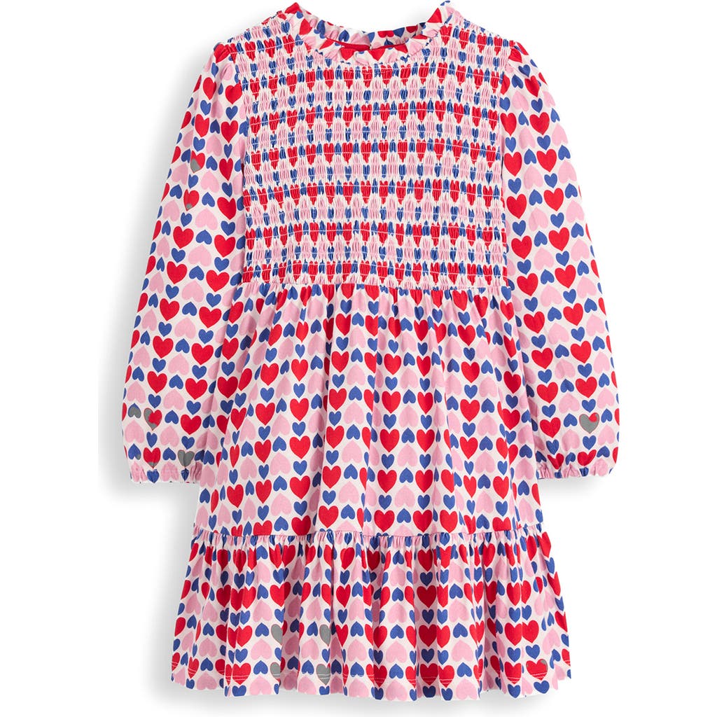 Mini Boden Kids' Heart Print Twirly Smocked Long Sleeve Cotton Dress In Pink