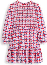 Mini Boden Kids' Heart Print Twirly Smocked Long Sleeve Cotton Dress