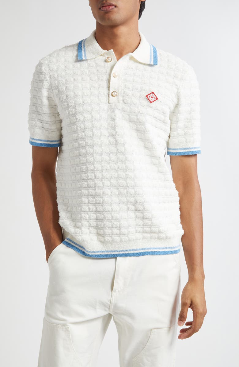 Casablanca Tipped Cotton Blend Bouclé Polo Sweater, Main, color, White