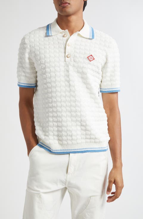 Tipped Cotton Blend Bouclé Polo Sweater