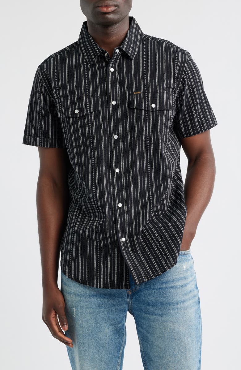 DARK SEAS Vigilante Stripe Short Sleeve Cotton Snap-Up Shirt, Main, color, Black