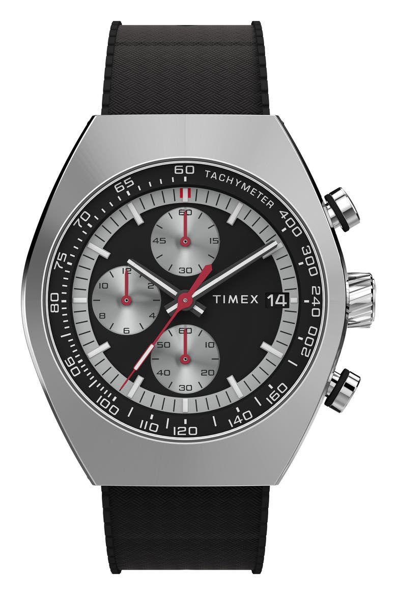 Legacy Tonneau Chronograph Synthetic Rubber Strap Watch, 42mm, Main, color, BLACK