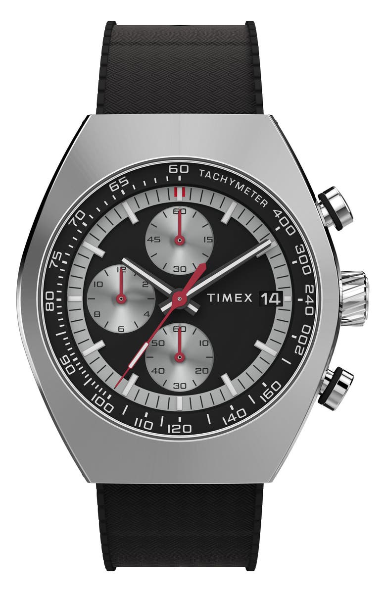 Timex<sup>®</sup> Legacy Tonneau Chronograph Synthetic Rubber Strap Watch, 42mm, Main, color, Black