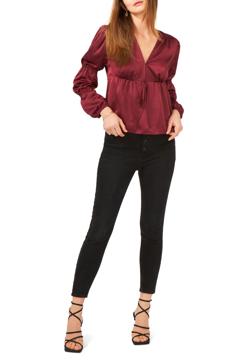 Tie Front Satin Blouse, Alternate, color, NAPA WINE