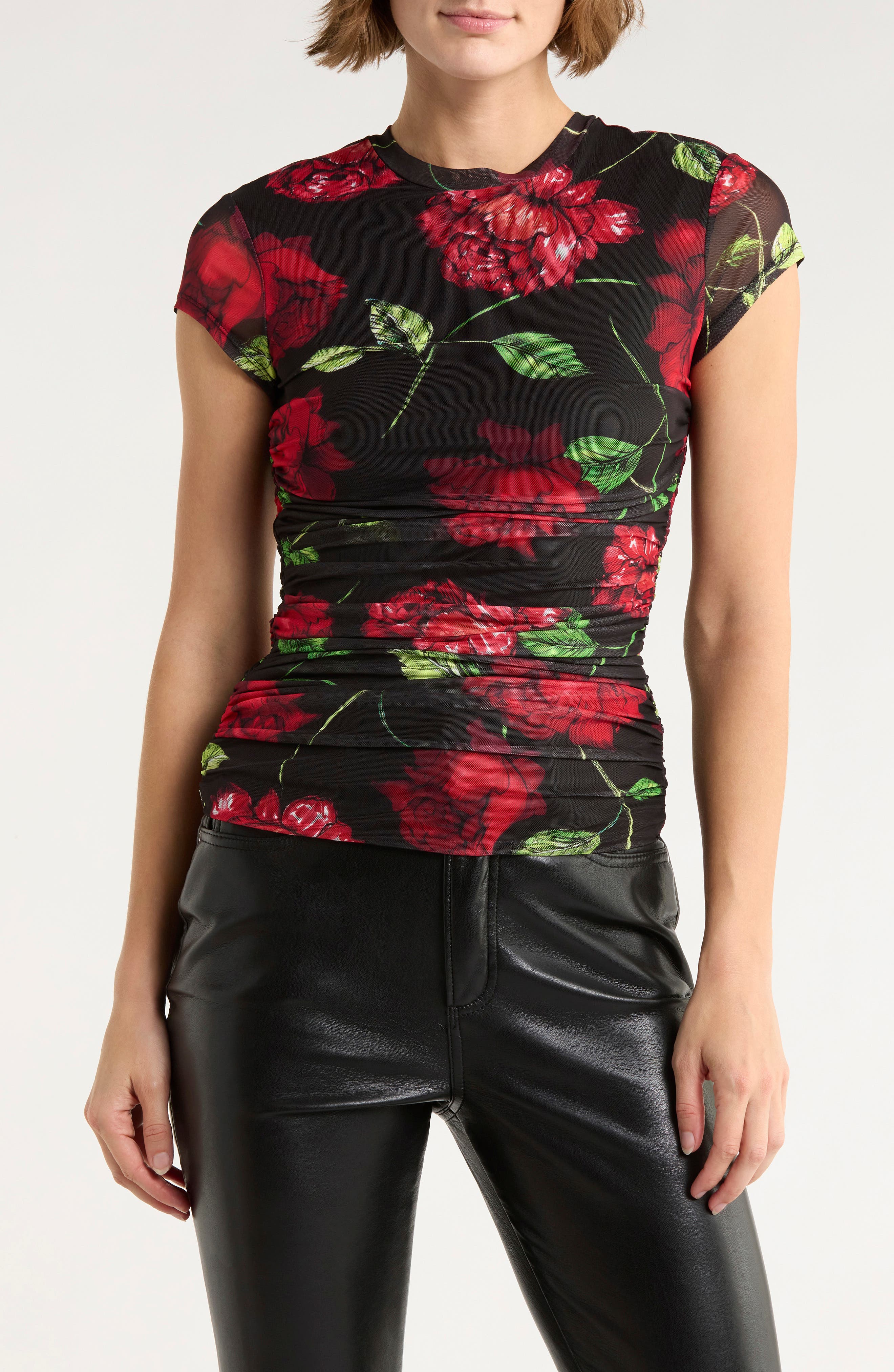 AFRM LOS ANGELES Lacey Cap Sleeve Ruched Mesh Top