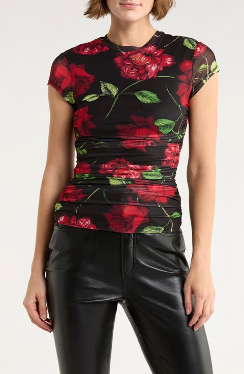 Lacey Cap Sleeve Ruched Mesh Top