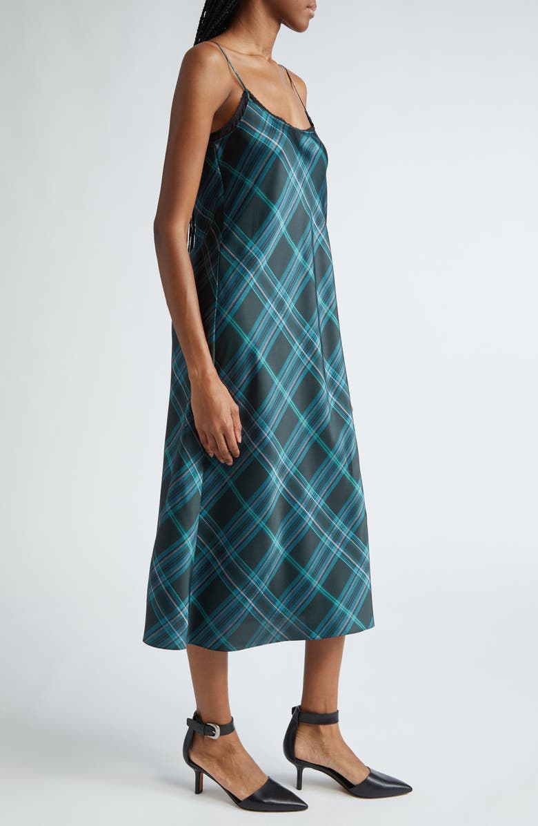 Vince Plaid Satin Midi Slipdress, Alternate, color, Jade Onyx