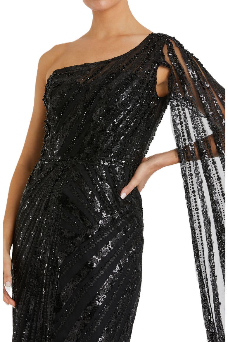One Shoulder Cape Sleeve Embellished Gown, Alternate, color, BLACK