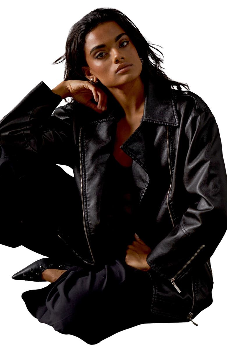 Warehouse Oversized Whipstitch Leather Look Jacket, Alternate, color, Black