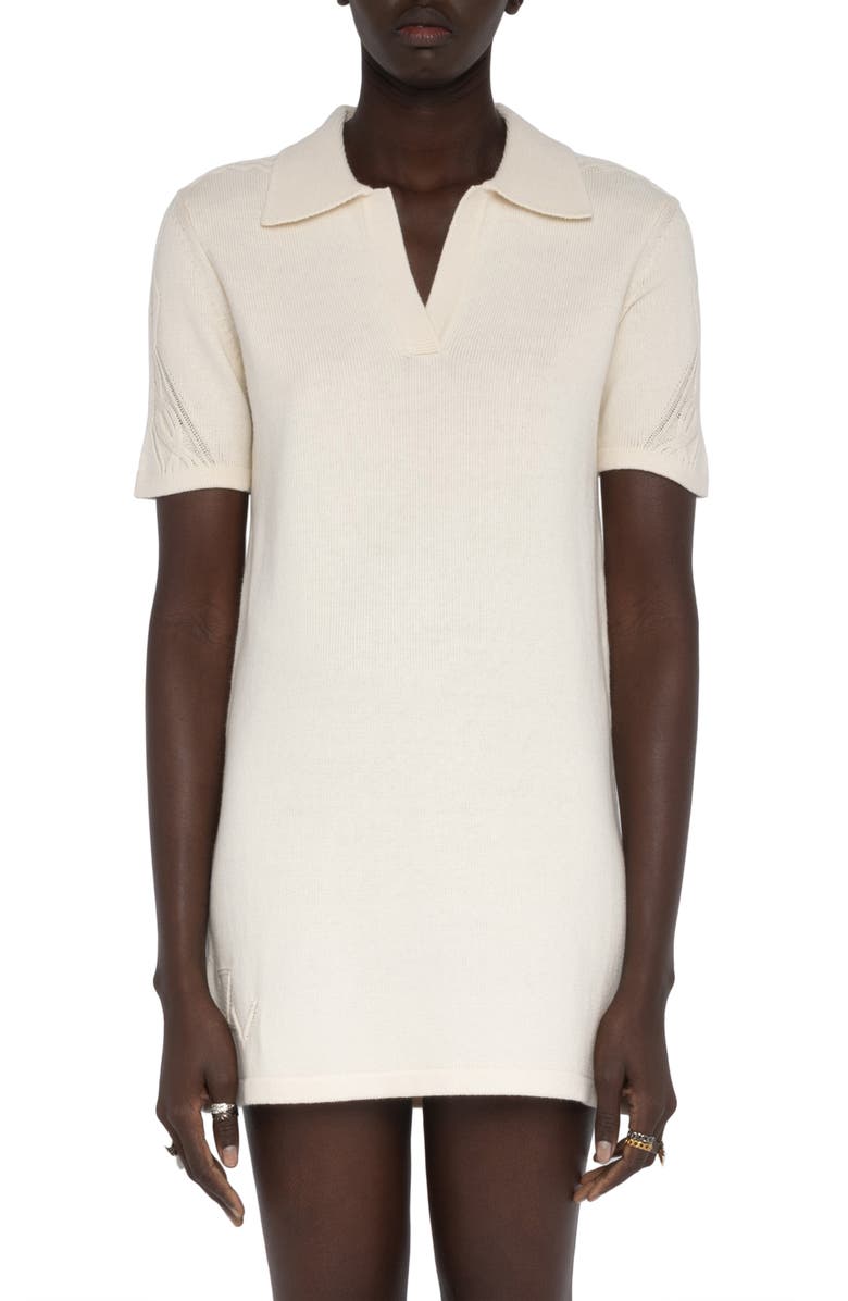 Zadig & Voltaire Lulu Cotton & Wool Jacquard Polo Sweater Dress, Alternate, color, Vanille