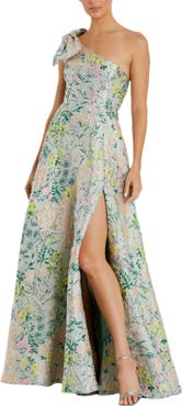 Mac Duggal One Shoulder Brocade Gown With Bow Detail