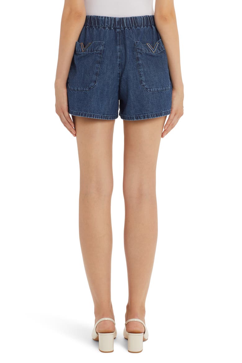Valentino V Logo Cotton Chambray Shorts, Alternate, color, MEDIUM BLUE DENIM 558