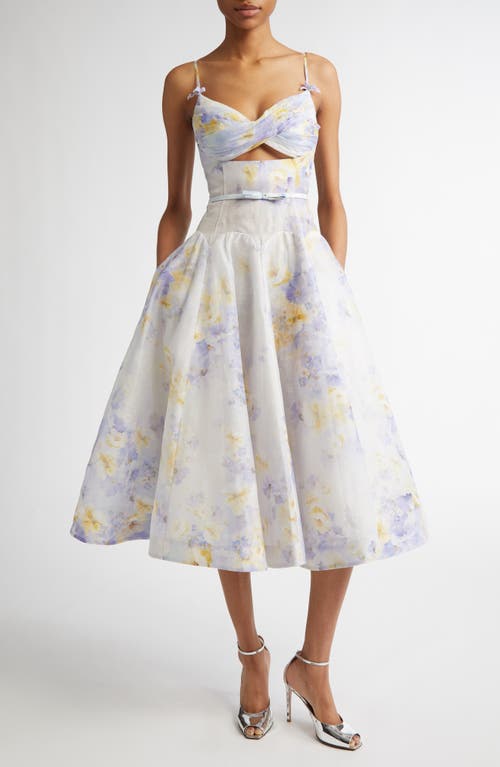Shop Zimmermann Floral Twist Front Cutout Organza Midi Dress In Lilac Floral