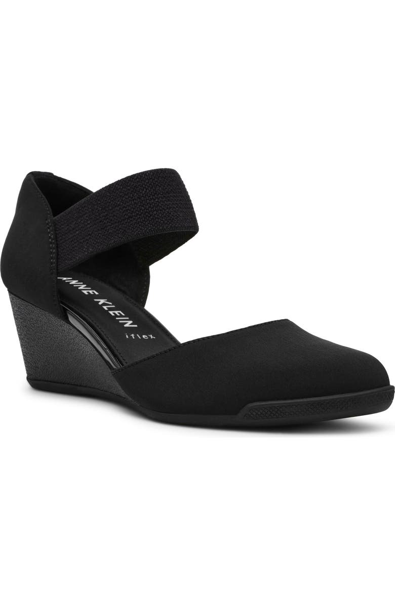 Anne Klein Tiffany Ankle Strap Wedge Pump, Main, color, Black Stretch