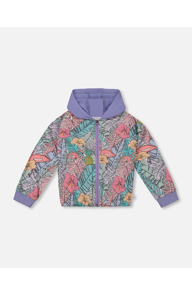 Deux par Deux Girl's Printed French Terry Hoodie Cardigan Lilac Tropical And Pink Flamingos, Main, color,