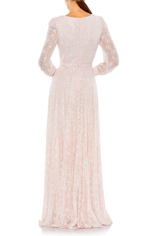 Mac Duggal Beaded Lace Long Sleeve Wrap Over Gown In Light Rose In Light Rose
