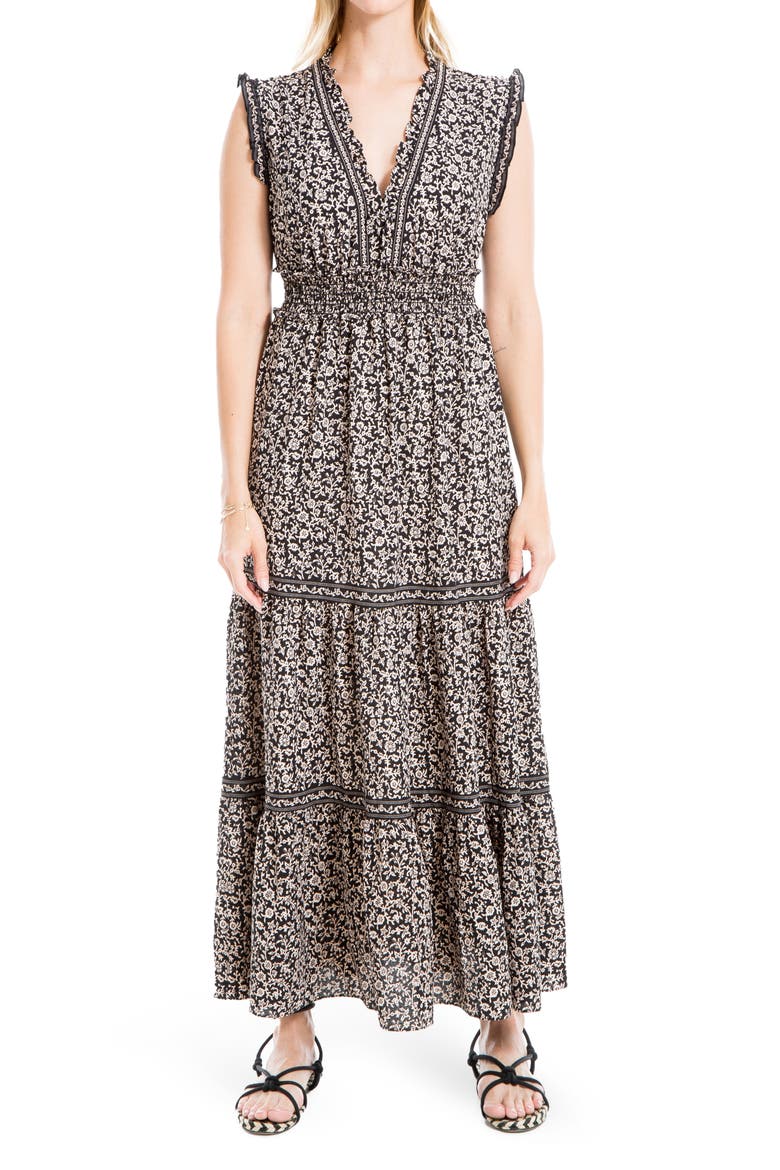 Sleeveless Smocked Floral Print Tiered Maxi Dress, Main, color, BKIVOCLF