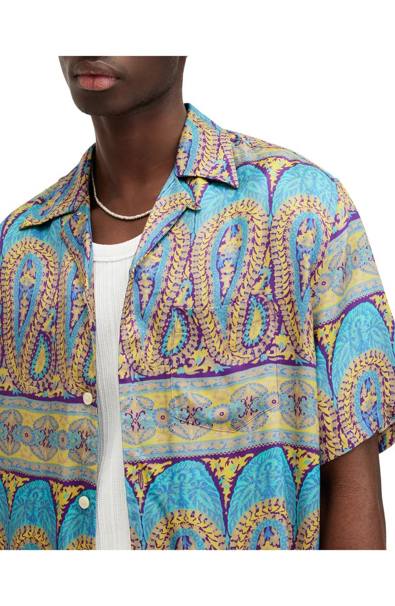 AllSaints Pennard Relaxed Fit Bandana Print Camp Shirt, Alternate, color, Costello Blue