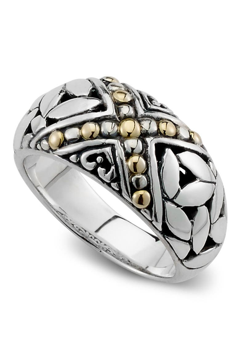 18K Yellow Gold & Sterling Silver Leaf Design Filigree Band Ring, Main, color, SILVER AND GOLD