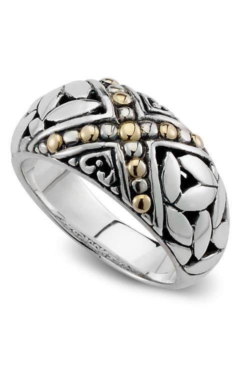 18K Yellow Gold & Sterling Silver Leaf Design Filigree Band Ring